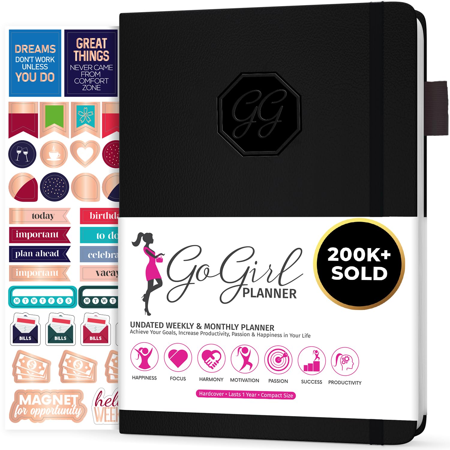 GoGirl Planner and Organizer for Women – Compact Size Weekly Planner, Goals Journal & Agenda to Improve Time Management, Productivity & Live Happier. Undated – Start Anytime, Lasts 1 Year – Black