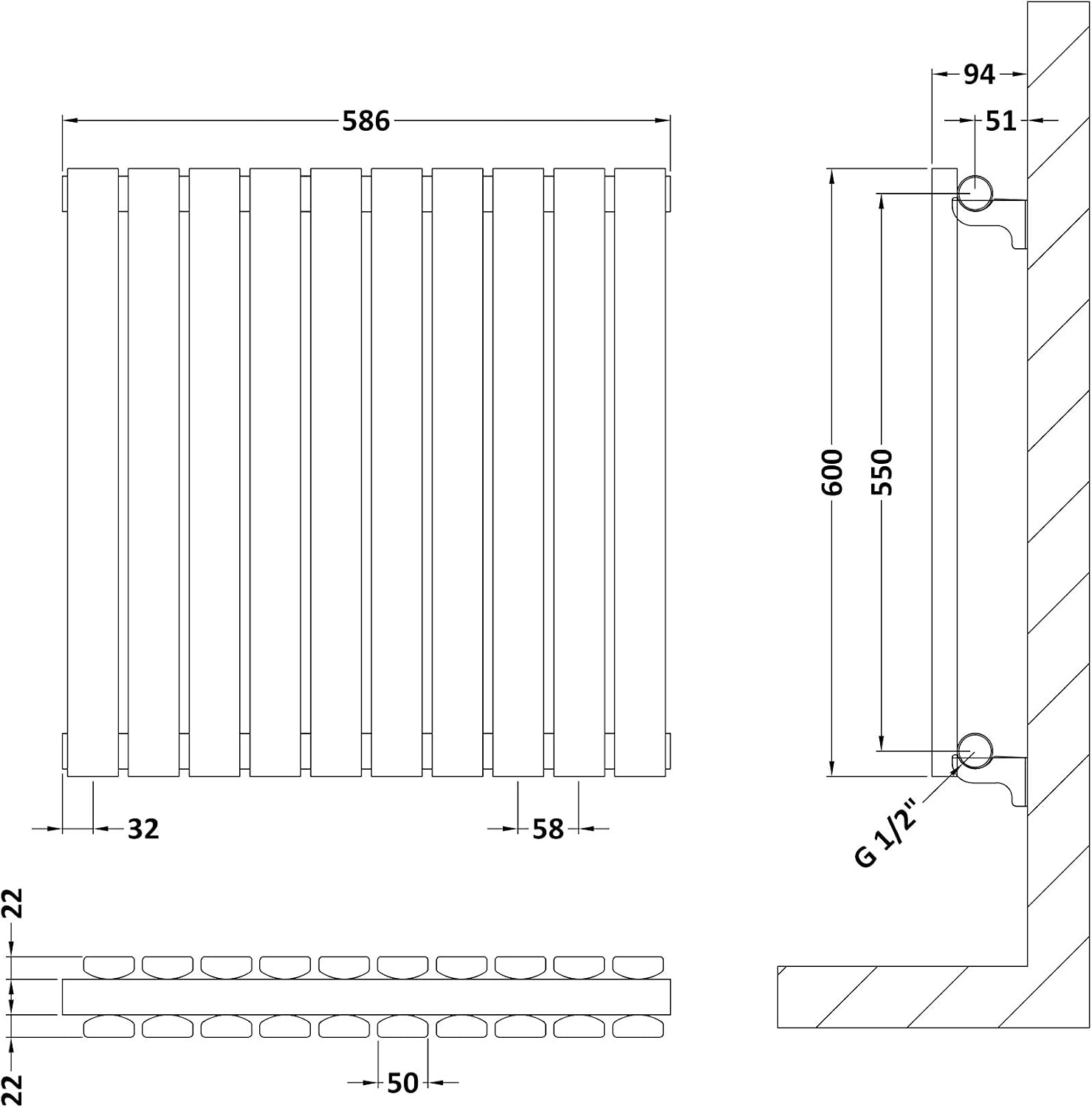 Nuie HLW55D Sloane Modern Home Wall Mount Designer Horizontal Double Panel Radiator, 600mm x 586mm x 72mm, High Gloss, Satin White - Image 3