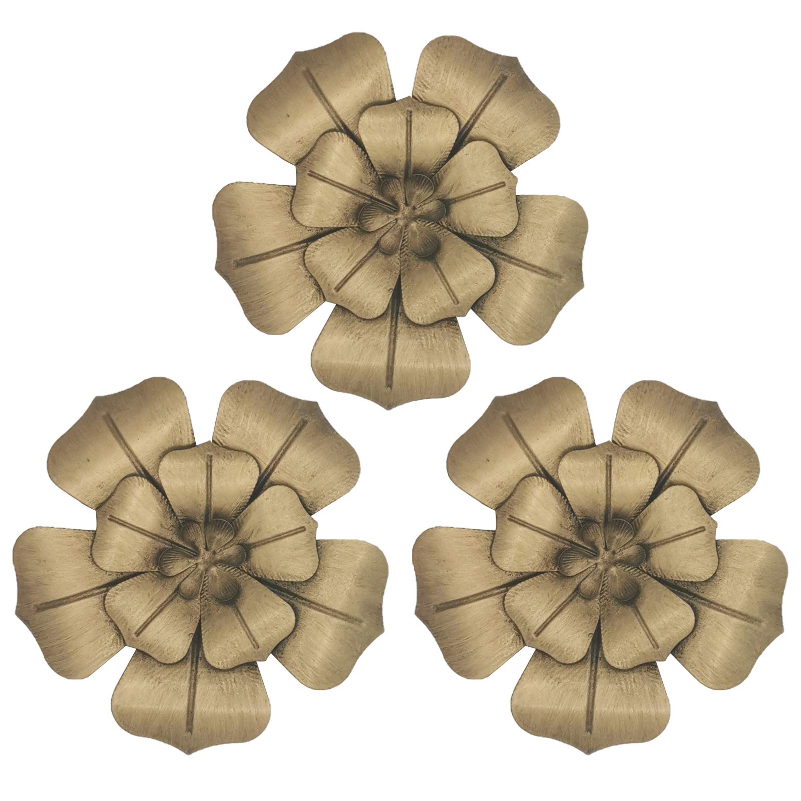 SQshun 6 Inch Multiple Layer Flower Metal Wall Art Decor Set of 3 (Gold)