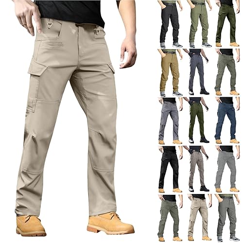 Work Trousers,Waterproof Cargo Trousers for Men UK Straight-Fit Casual Jogger Tracksuit Bottoms Lightweight Quick Dry Hiking Outdoor Work Pants with Flat-Front Pockets,Khaki-1,L