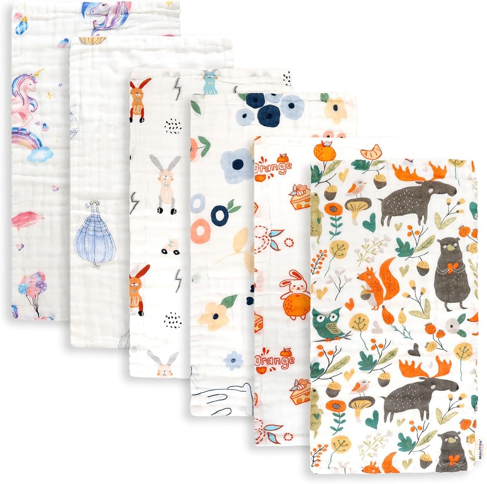 Maliton 6 Pack Muslin Burp Cloths 50x25cm 100% Cotton Baby Sets