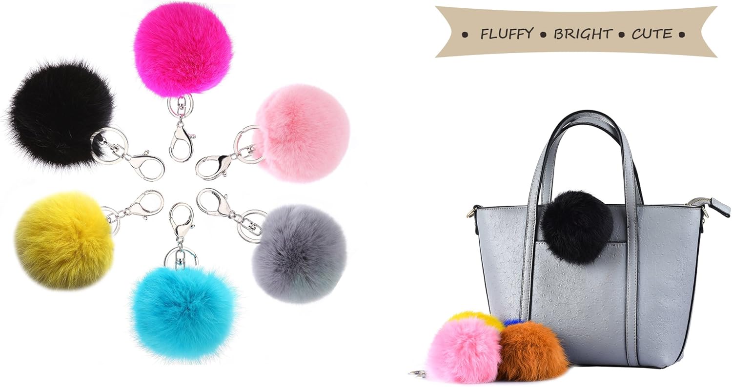 Cute Faux Rabbit Fur Ball Pom Pom Keychain Cityelf Car Key Ring Handbag Tote Bag Pendant Purse Charm (BLACK) at  Women’s Clothing store
