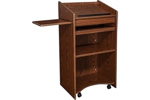 OEF Furnishings Mobile Floor Lectern with Side Shelf And Keyboard Tray, Medium Oak