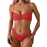 Fanuerg Women's Ribbed Bikini Sets U Wire Adjustable Spaghetti Straps Swimsuit Textured Ruched Two Piece Bathing Suit Red M
