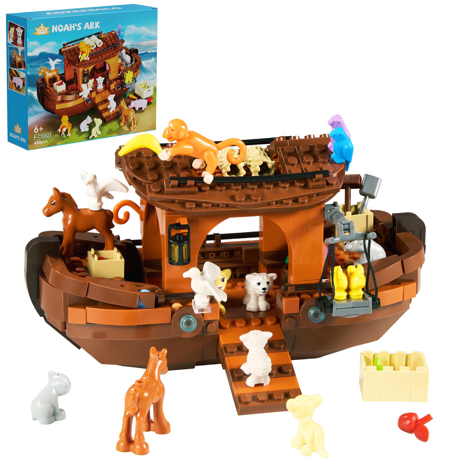 Noah's Ark Boat Building Blocks, Jesus Bible Religious Story Ship Toys with Animals & Plants Compatible with Lego, Baptism Gifts Easter Gifts for Girls and Boys Aged 6+ (488 Pcs)