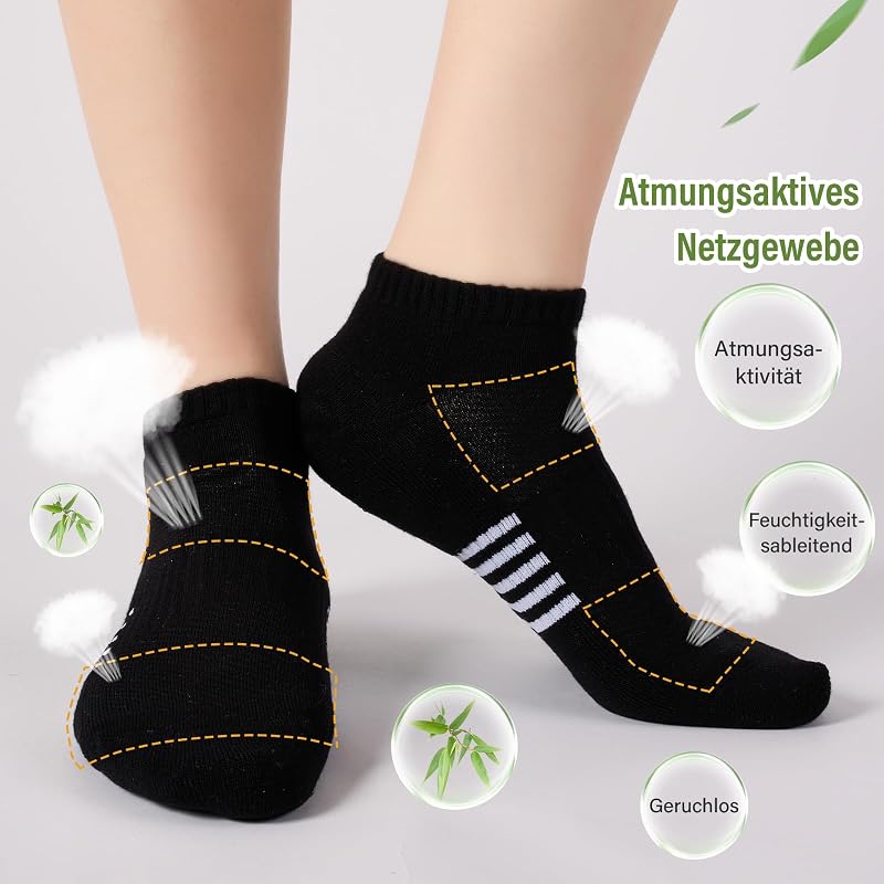 Bambus Sneaker Socken Damen 6/12 Paar, Atmungsaktive Gepolsterte Sportsocken Laufsocken, Anti Schweiß Kurze Socken Damen 39-42 35-38 Bunt, Geschenke für Frauen Sommer, 6 Schwarz 39-42