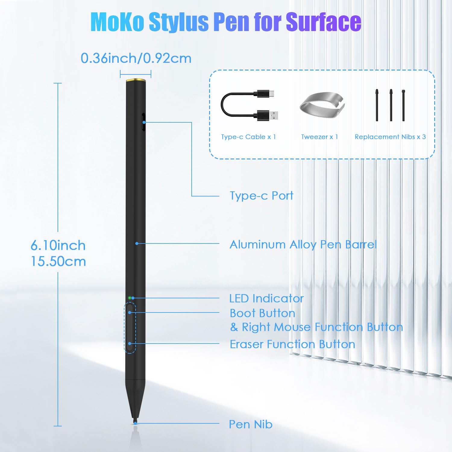 MoKo Stylus Pen for Surface, Fast Charge Surface Pen for Microsoft Surface Pro 9/8/X/7/6/5/4/3 Surface 3/Go/Book/Laptop/Studio, MPP2.0 & 4096 Pressure Tilt Digital Pen, Magnetic and Palm Rejection