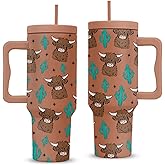 RHONGE Highland Cow Tumbler 40 Oz, Highland Cow Gifts For Women, Cute Yak Tumbler With Handle, Birthday Gifts For Cowgirls Animal Lovers, Cowgirl Khaki Insulated Tumblers Cup