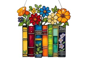 Book Lovers Gifts for Women, Book Ornament Faux Stained Glass Window Hanging, Bookish Gifts for Teacher, Librarian, Reader, Bookworm, Christmas Stocking Stuffer Tree Decorations (Floral Shelf)