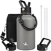 Konokyo Half Gallon Insulated Water Bottle with Straw,64 oz 3 Lids Water Jug with Carrying Bag,Paracord Handle,Double Wall Vacuum Stainless Steel Metal Flask,Gray