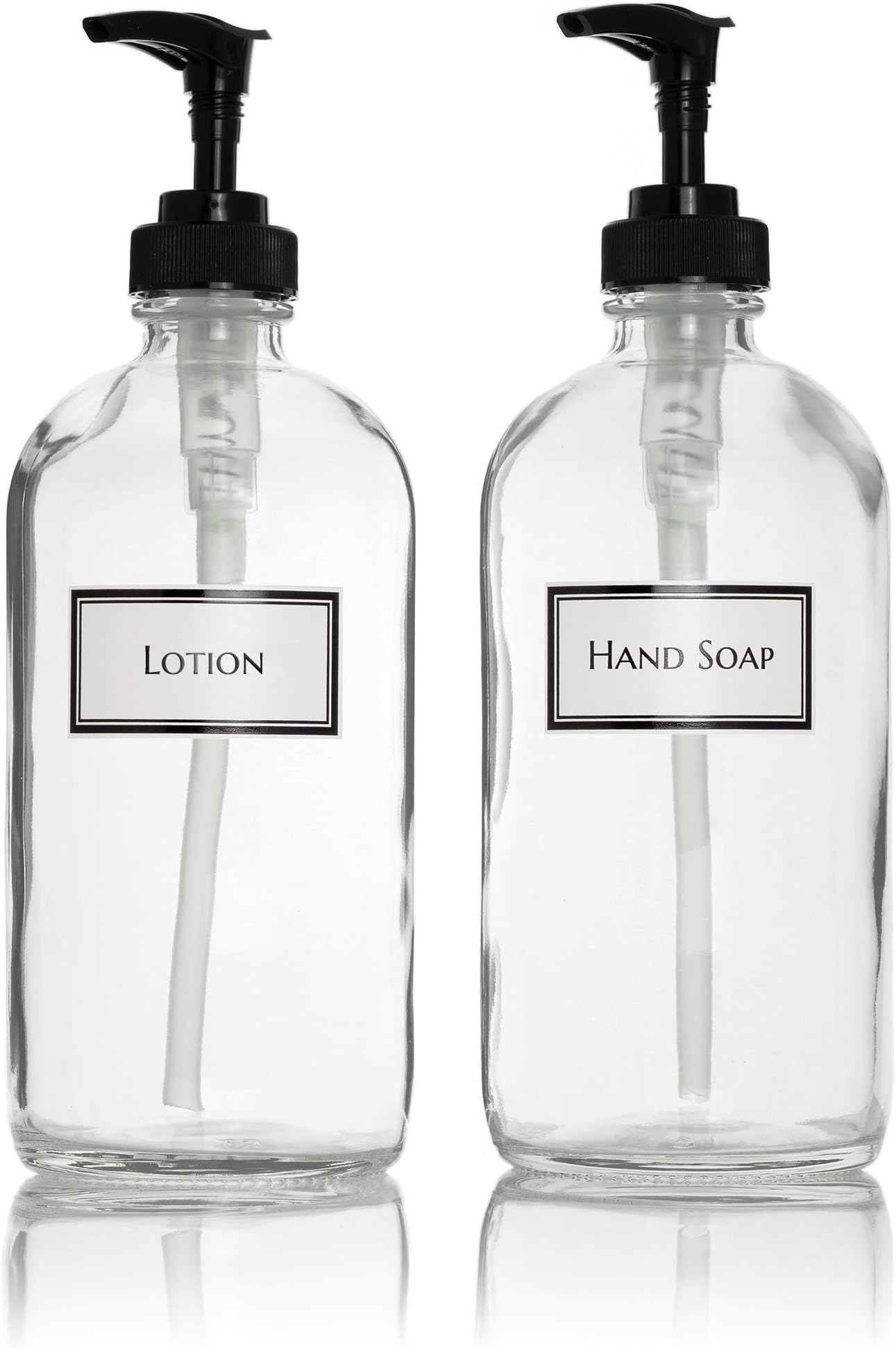 Ceramic Printed Glass Hand Soap and Lotion Dispenser Set with Black Pumps, 16 oz, Clear