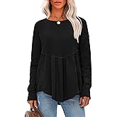 EXLURA Waffle Knit Long Sleeve Shirts for Womens Crewneck Loose Babydoll Tunic Tops Maternity Top Spring Fall Fashion Outfits