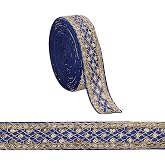 AHANDMAKER 10 Yards 1.6inch Fabric Embroidered Trim, Vintage Jacquard Ribbon Metallic Gold Rhombus Pattern Sewing Woven Trim Embroidered Ribbon decor for Crafts Making, Blue