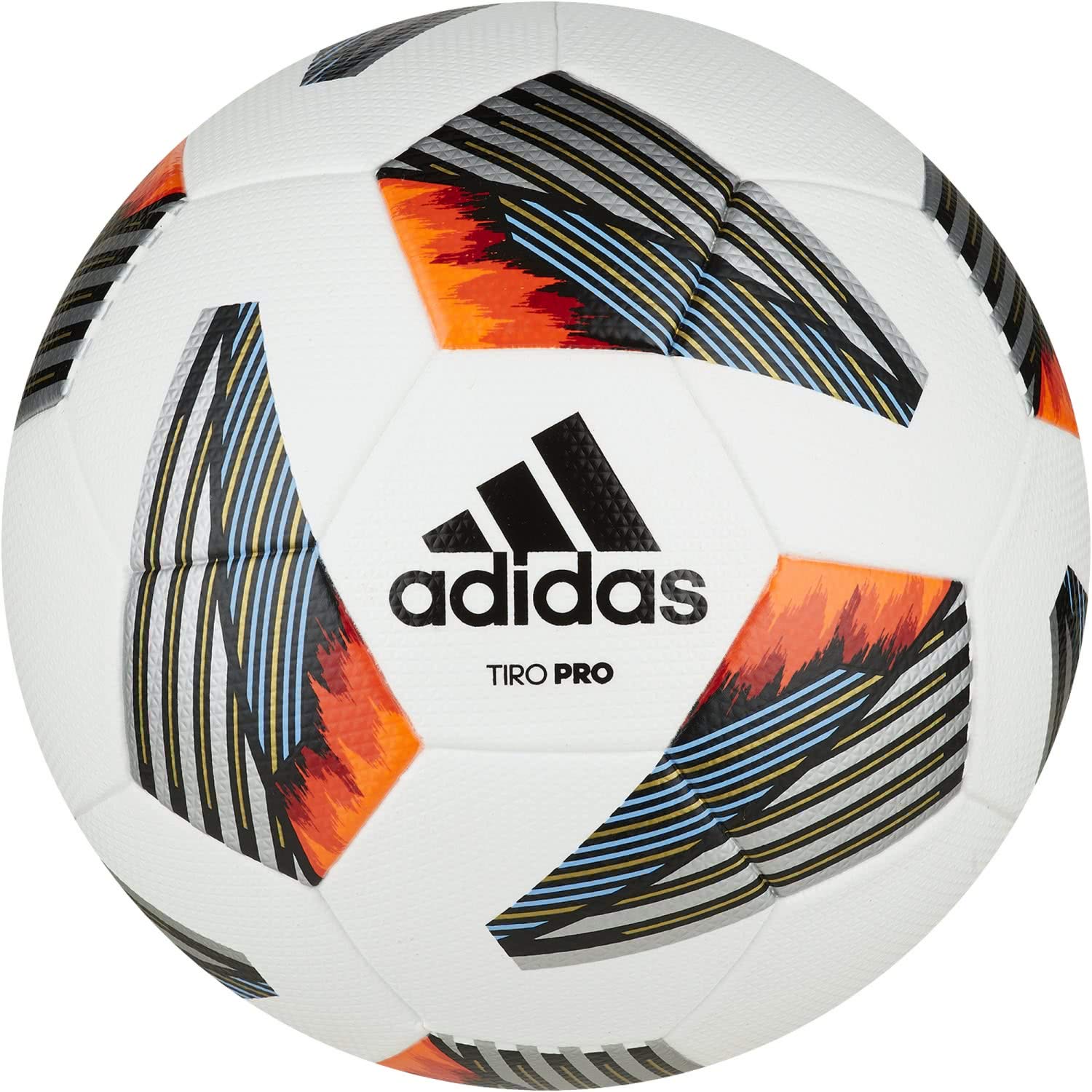 adidas, Tiro Pro, Soccer Ball, Top:White/Black/Team Light Blue/Silver Met. Bottom:Gold Met./Team Power Red/Solar Red/Team Solar Orange, 5, Man