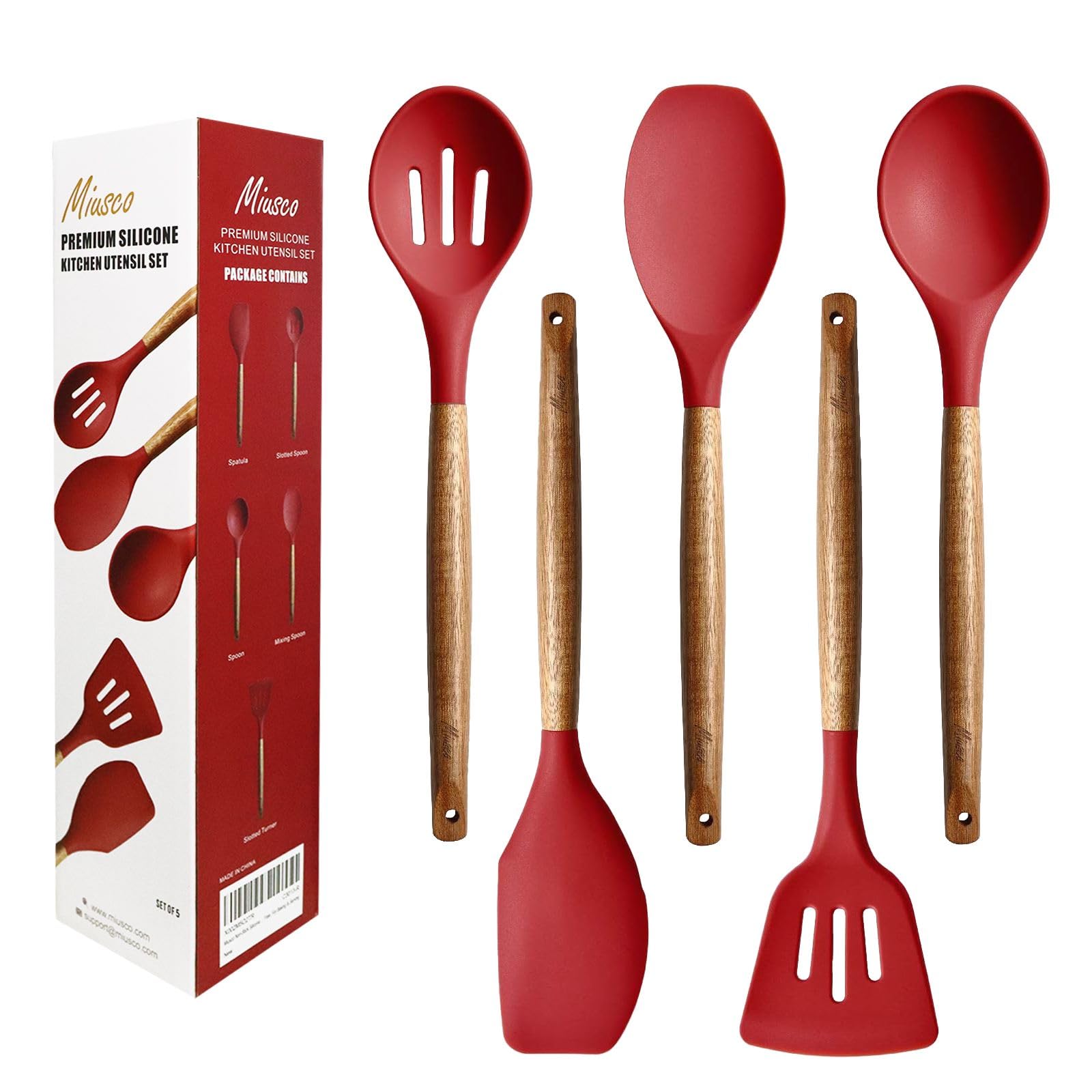 Miusco Silicone Cooking Spoon Set, Non-Stick Silicone Kitchen Utensils Set, 5 Pieces, Kitchen Utensil Set with Acacia Hardwood Handle, Red, BPA-Free, Silicone Kitchen Utensil Set for Baking & Serving