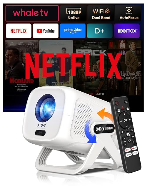 Xgody Netflix Certified Projector Native 1080P 4K Supported 450ANSI, Auto Focus& Voice Controlled Gimbal N5 Smart Projector, WiFi 6, Bluetooth 5.4, Rotatable Stand, Perfect for Home/Bedroom/Outdoor