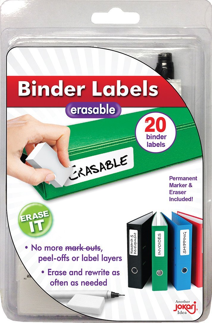JOKARI Erasable Reusable Office and School Binder Labels, 3.4 x 1 Inch. Kit Includes 20 Pack of Stickers with Fine-Tipped Permanent Marker and Eraser