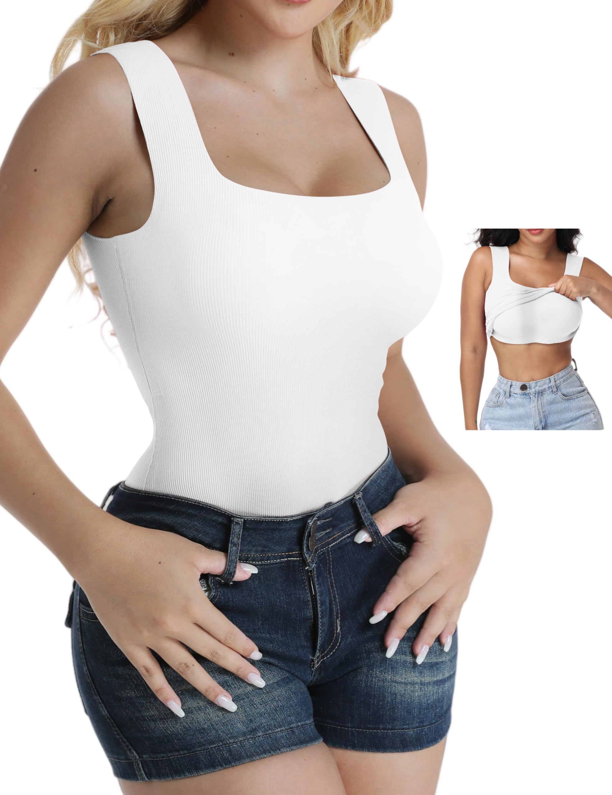 Photo 1 of Women's Built-in Bra Tank Top Ribbed Slim Fit Summer Wirefree Shelf Padded Tank Shirts Wide-Strap Square Neck White