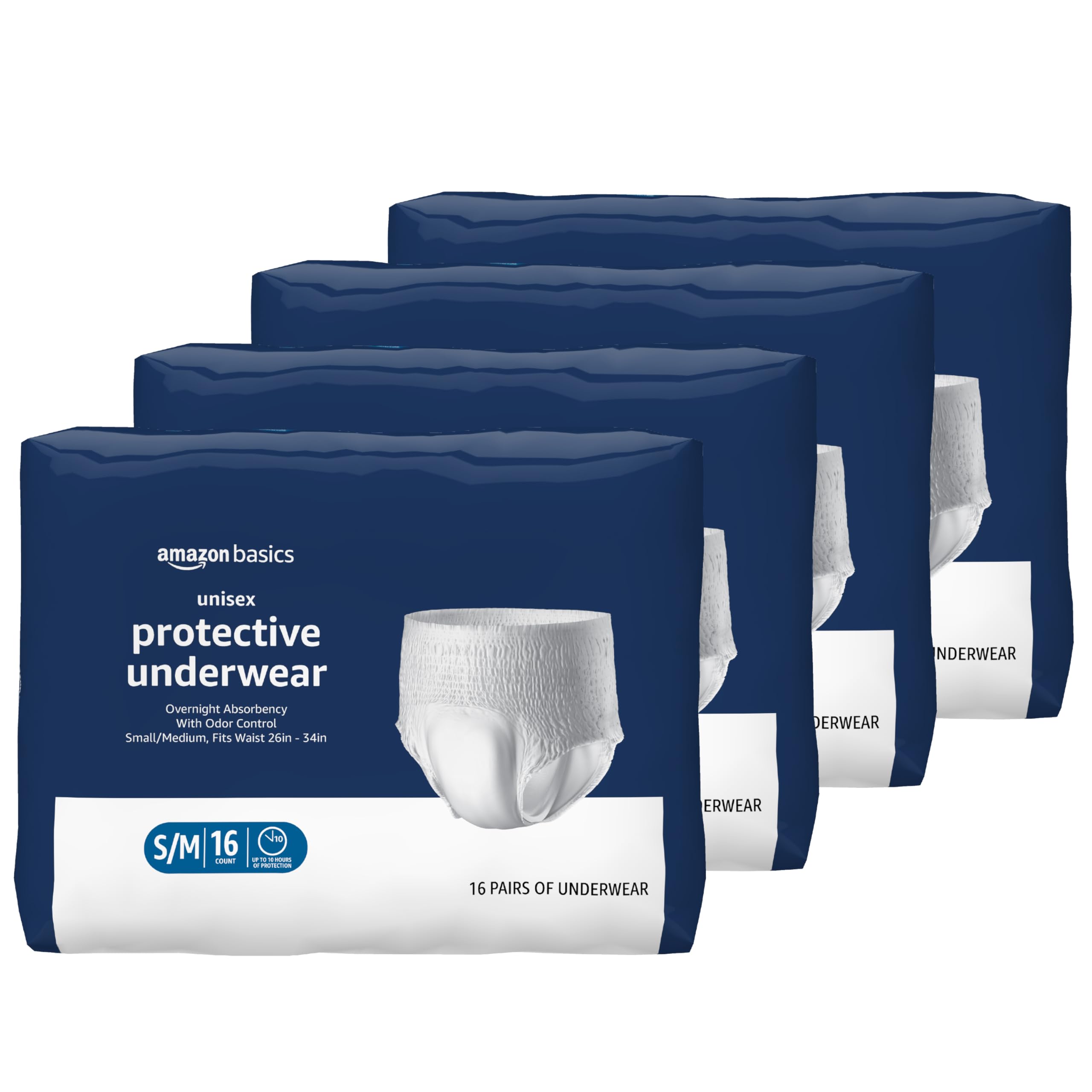Photo 1 of **3 packs plus 5 individual**Amazon Basics Unisex Protective Overnight Incontinence Underwear with Odor Protection, Small/Medium, 64 Count (4 Packs of 16)