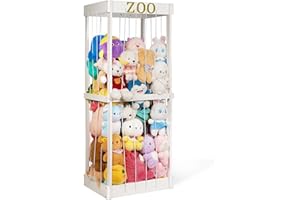 Trycooling Stuffed Animal Zoo Stuffed Animal Storage Wood Plushie Storage Stuffed Animals Zoo Storage Cage with Zoo Pattern Elastic Band for Nursery Play Room Bedroom (White)