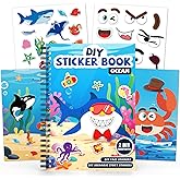 Ocean Reusable Sticker Book for Toddlers, DIY Make-a-face Animals Jelly Fun 3D Stickers, Washable Puffy Stickers for Kids Toys, Airplane Road Trip Travel Activities Essentials for Kids 3 4 5 Years