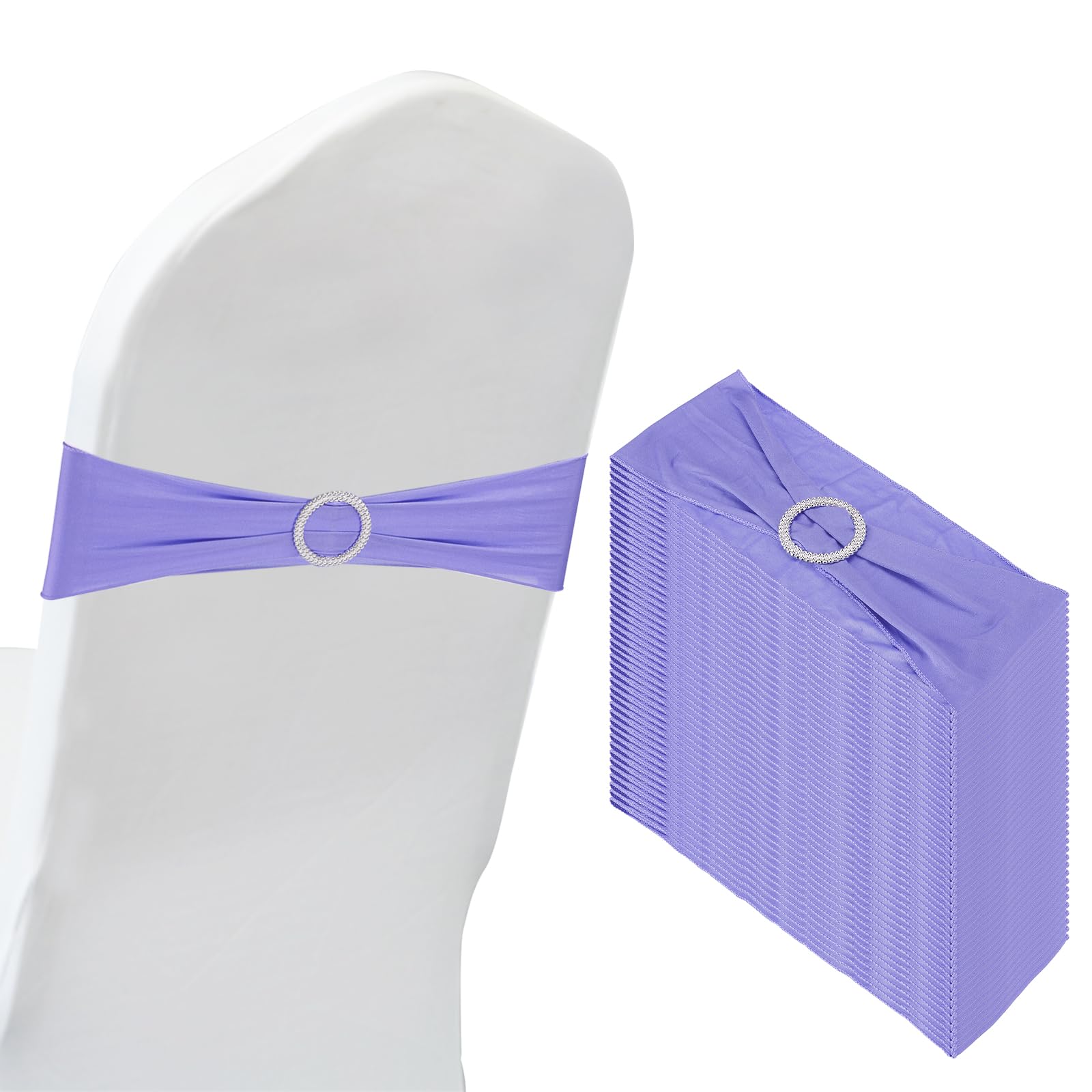 PATIKIL 14"x5" Stretch Chair Sashes Bows, 50 Pack Elastic Chair Bands Sashes with Buckle Slider for Wedding Banquet Decorations, Light Purple