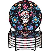 keluki 6 Pcs Ceramic Coasters with Holder Absorbent Drink Round Mexican Sugar Skulls Flowers Design for Home Table Coffee Cup Wine Beer Bar,Size 4.4 inches