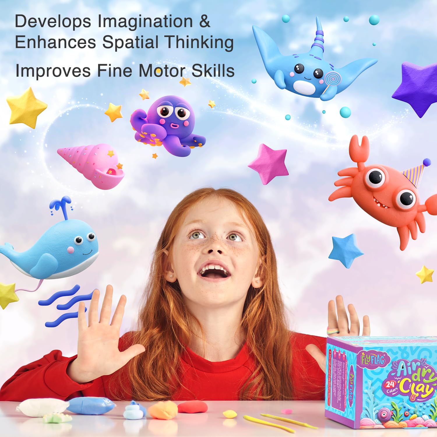 FlyFlag Air Dry Clay, Soft & Ultra Light, Modeling Clay for Kids with Tools and Tutorials (24 Colors)