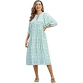OBEEII Boho Dress for Women, Lantern Sleeve V Neck Floral Midi Dress Loose Ruffle A Line Flowy Casual Summer Long Dress