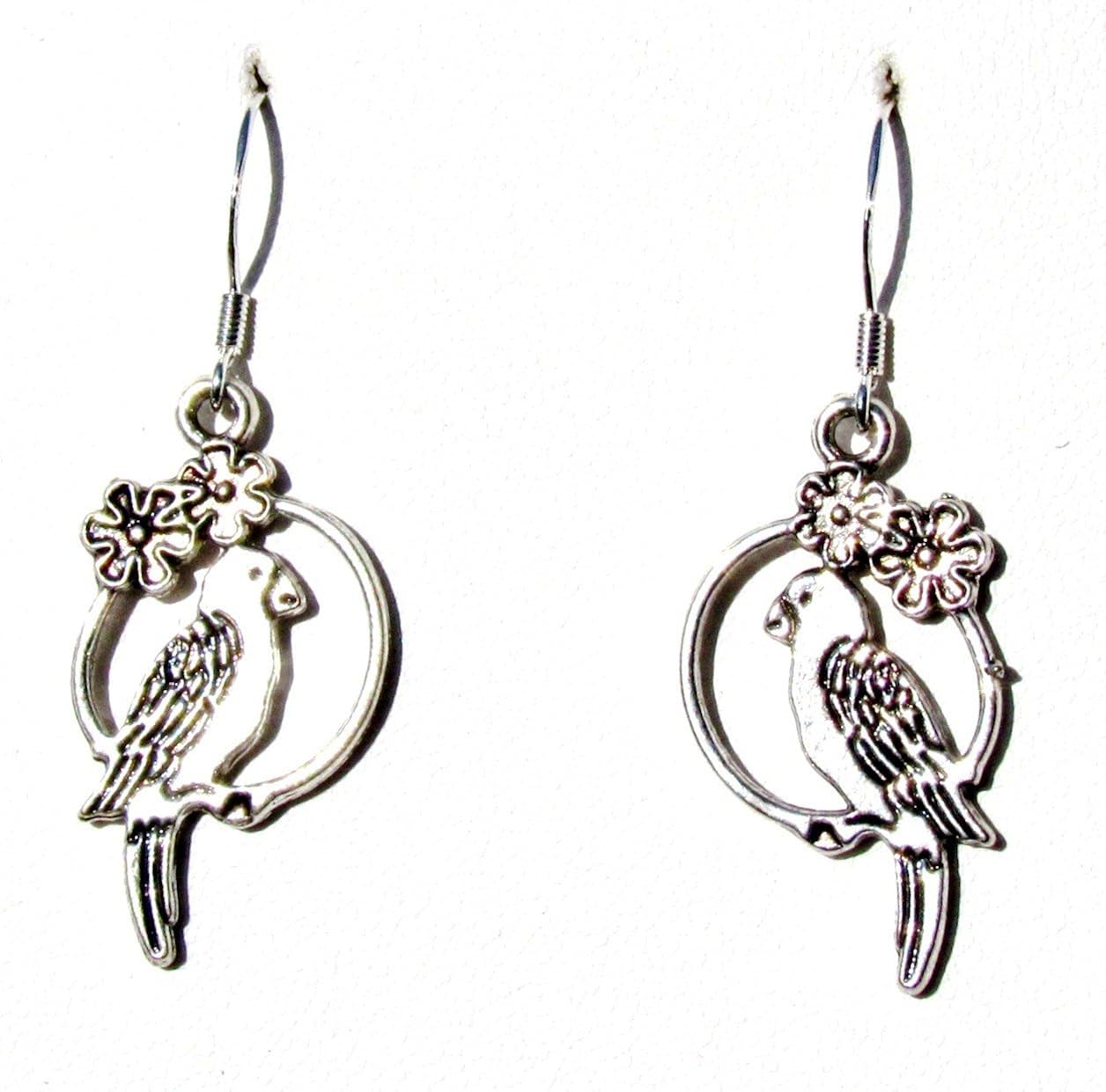 Parakeet / Parrot Birds Earrings in Silver on 925 Sterling