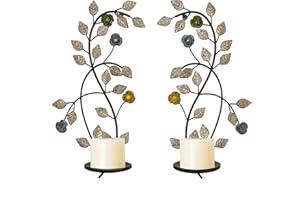 JUCONSIN Wall Sconces Candle Holder Set of 2, Antique White Leaf Flower Branch Wall Mount Hanging Metal Wall Candle Holder Candle Sconce for Living Room Dining Room