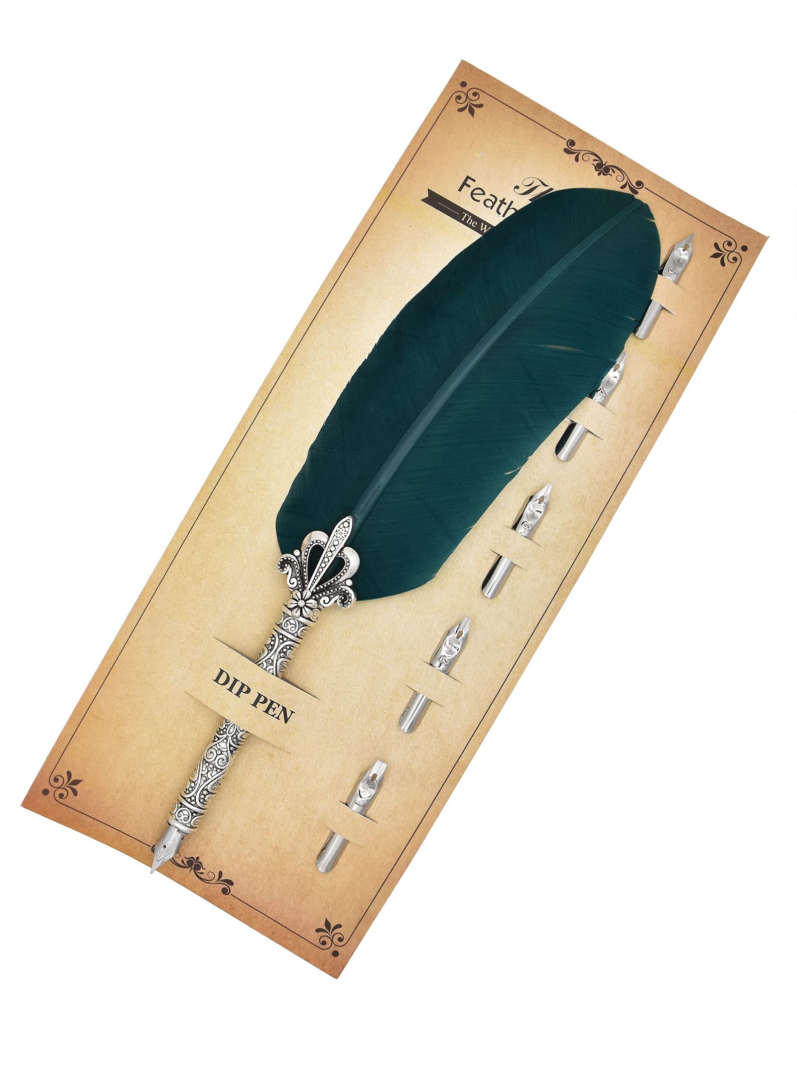 Gullor Calligraphy Feather Quill Pen and 5 Calligraphy Nibs for Beginners Kids Calligraphy Writing Quill Dip Pen Set, DarkGreen