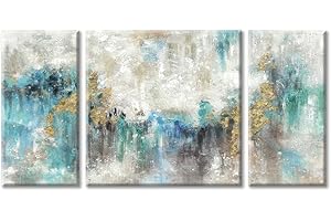 UTOP-ART Abstract Painting Teal Canvas Wall Art Turquoise Abstract Textured Gold Foil Artwork For Living Room Wall Art Large Maximalist Home Wall Decor Set（12" x 24" x 2 + 24"x 24"x 1）