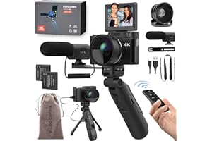 NOVZZOVAZ 4K Digital Camera with Creator Accessory Kit 48MP Remote Control Vlogging Camera for Vloggers Autofocus Flip Screen Photography Cameras with Tripod Grip, Wide-Angle & Macro Lens, Mic, Batteries