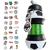 Soccer Ball Foldable Water Bottle with Key ring Clip Straw & Safe Cap + 30 PCS Shoe & Bag Premium Charms Croc, Made Foldable BPA-Free Silicone,18 Oz, Food Grade, Leak Proof, Design Portable. (Girls)