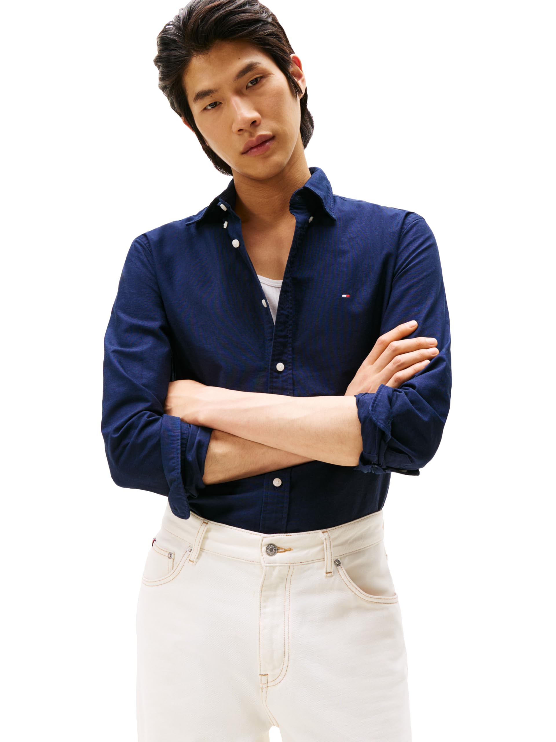 Tommy Hilfiger Men's Heritage Oxford Solid Regular Long Sleeve Shirts,Preppy Navy/Desert Sky Solid X-Large Image