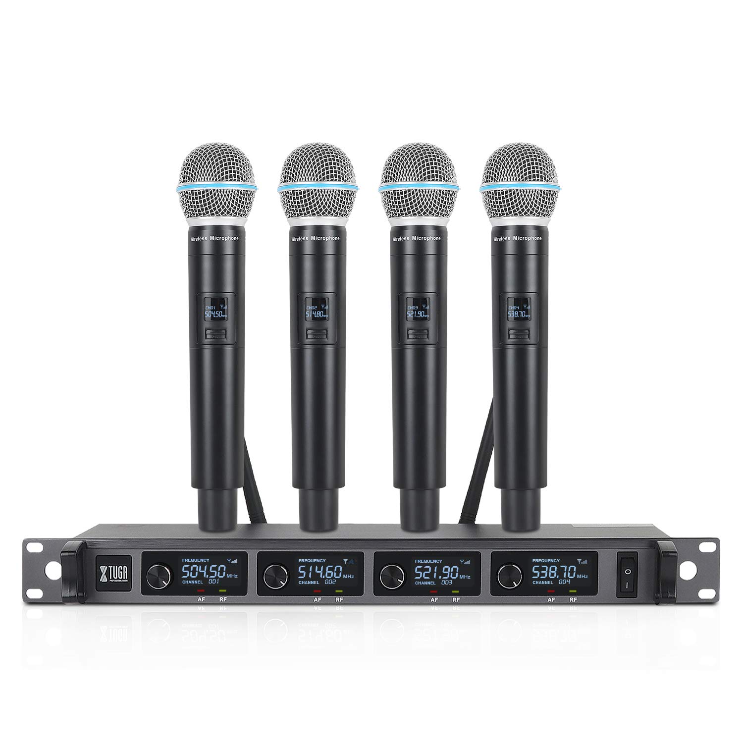 XTUGA Wireless Microphone System with 4 handheld microphone, 4-Channel UHF Cordless Microphone Set All Metal Build Wireless Microphones Fixed Frequency Karaoke System Long Range 260ft (A140)