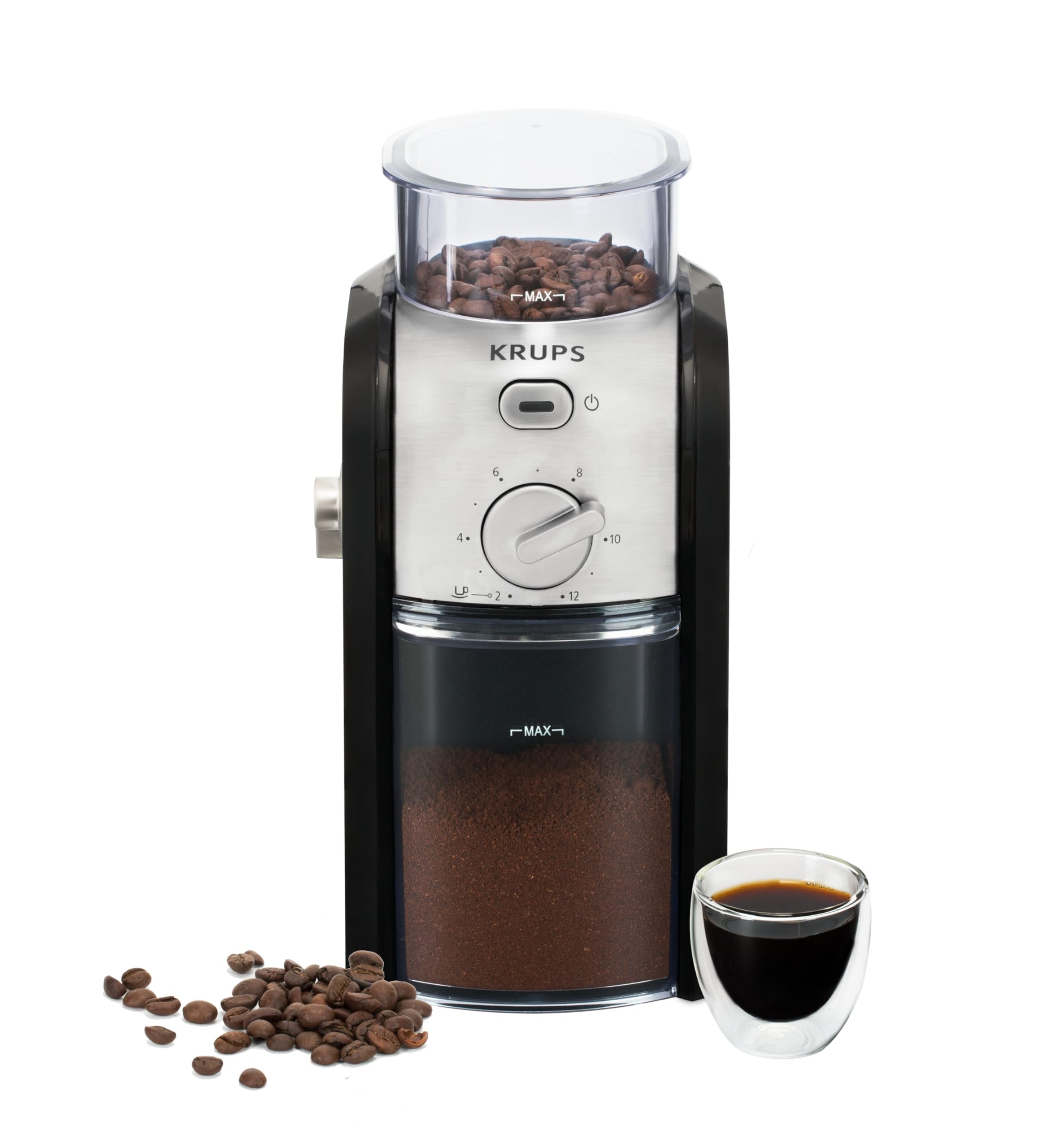 Krups Expert Electric Burr Coffee Grinder, 17 Grind Settings, 225 g Bean Hopper, Removable Ground Coffee Container, Automatic Stop Function, Black and Silver, GVX231