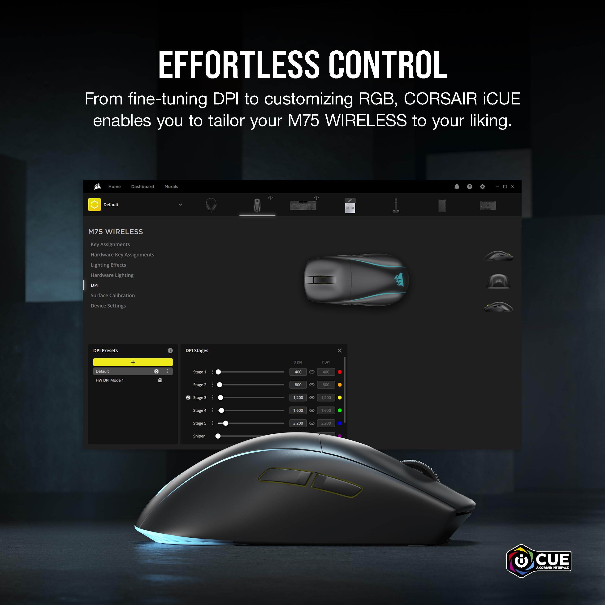 Corsair M75 Wireless RGB Lightweight FPS Gaming Mouse – 26,000 DPI – Swappable Side Buttons – iCUE Compatible – PC – Black