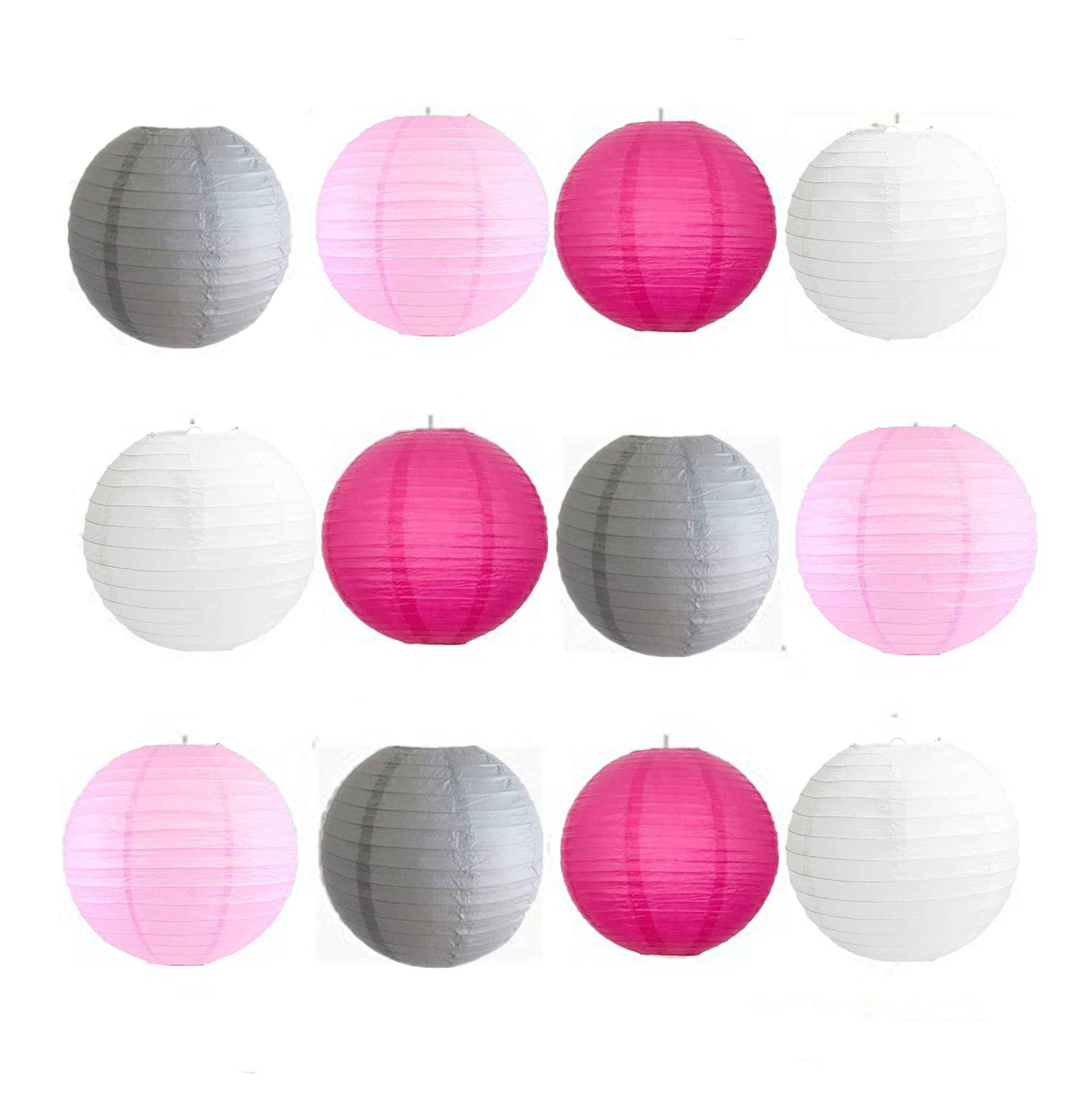 A Liittle Tree -12PCs Mixed New Round Paper Lanterns Birthday Wedding Party (8", Pink+Hot Pink+Grey+White)