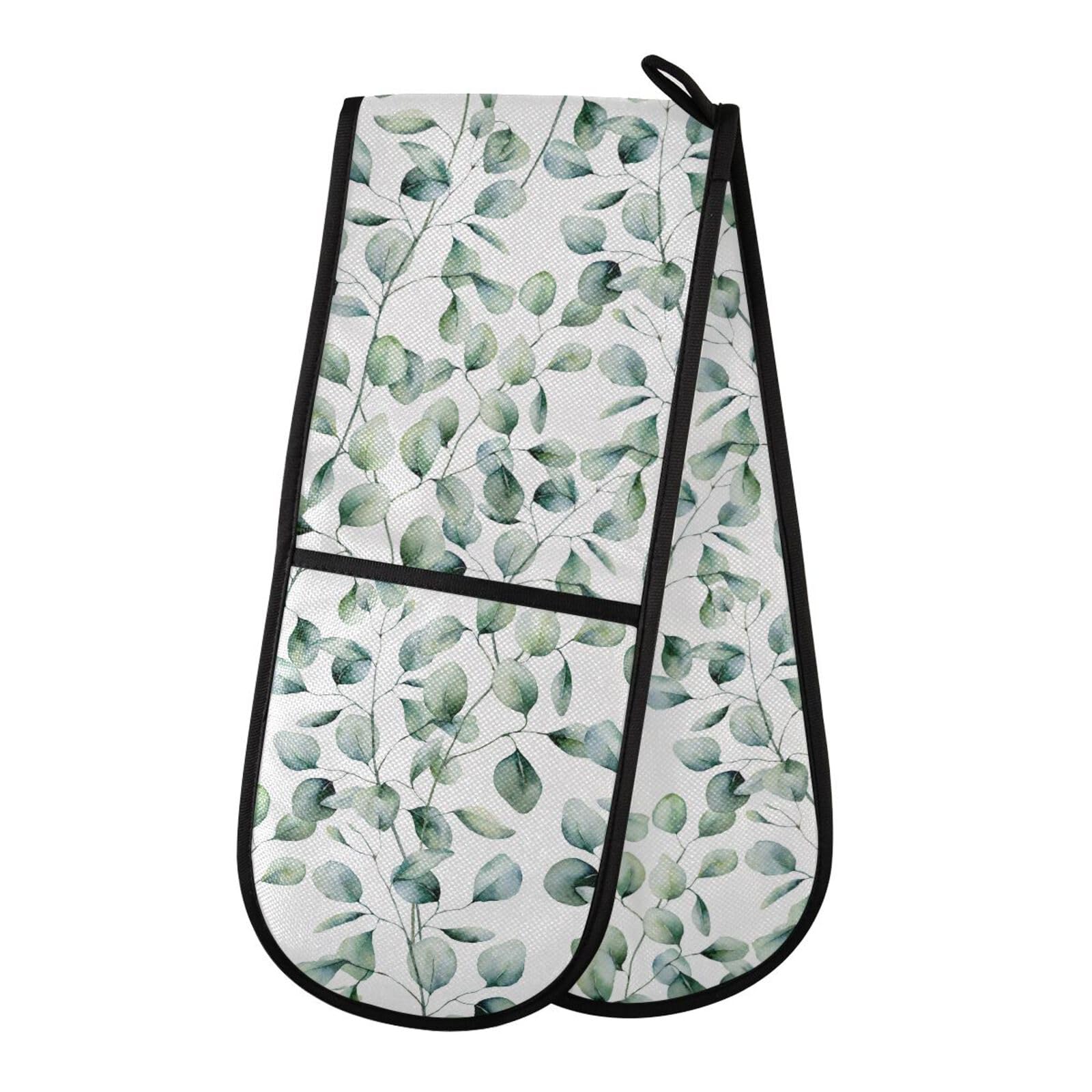 Watercolor Green Leaf Morandi Double Oven Gloves Heat Resistant Pot Holder Oven Mitt Gloves for BBQ Cooking Baking Grilling Microwave
