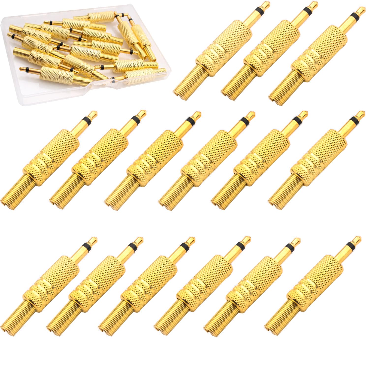RUNCCI-YUN 15Pcs 3.5mm Mono Plug 1/8 Inch TS Mono Mini Stereo Metal Male Jack Adaptor Connector（gold）