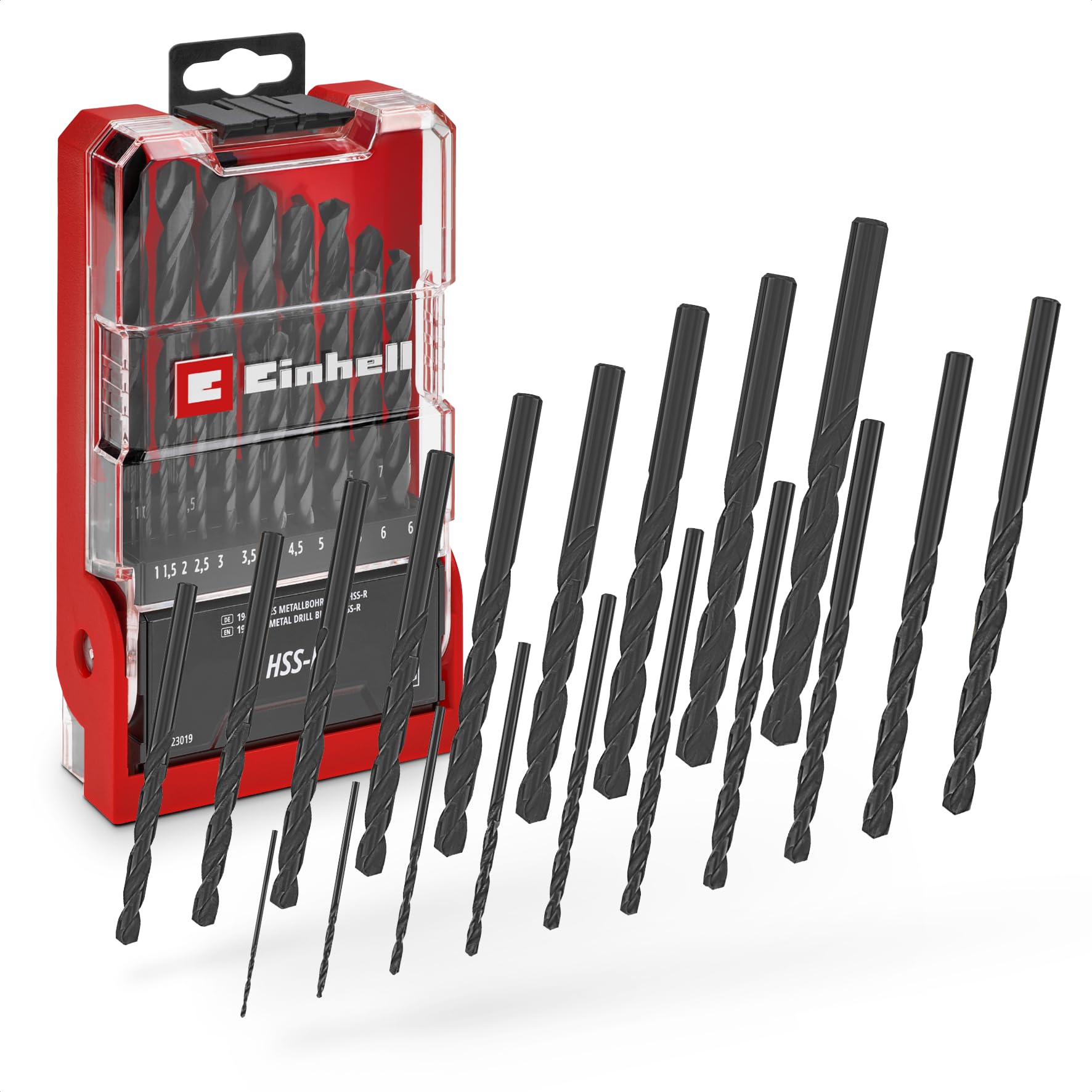 Original Einhell 19-Piece HSS-R Metal Drill Bit Set (HSS 4241 Steel, Black Burnished, 135° Drill Point, Roll-Forged Type N Spiral, Round Shank Incl. Storage Cassette)