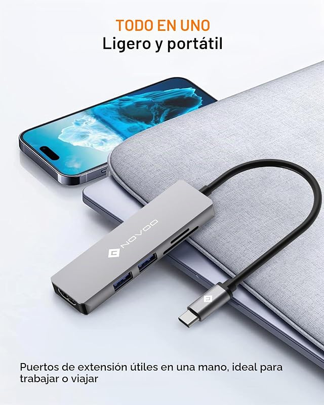 Adaptador NOVOO USB C Hub 5 em 1 Multiportas com HDMI 4K, 2 portas USB 3.0, leitor de cartões SD / TF para MacBook Pro 2019/2018, iMac 2017, Huawei MateBook, Google Chromebook Pixel e muito mais