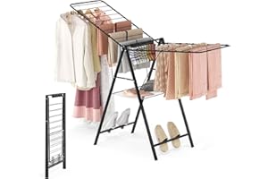 APEXCHASER Clothes Drying Rack Foldable, Metal Laundry Drying Rack with Height Adjustable Rails, Ultra Thin Drying Rack Clothing Towel Sweater Shoe for Indoor Outdoor, Gullwing Clothes Airer, Black