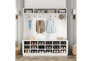 AGOTENI White Wide Hall Tree with Shoe Storage Bench, 18 Shoe Storage Cube & 3 Top Cube, Coat Rack with 6 Hooks, Modern 4-in-1 Entryway Coat Rack for Hallway, Mudroom, Studio