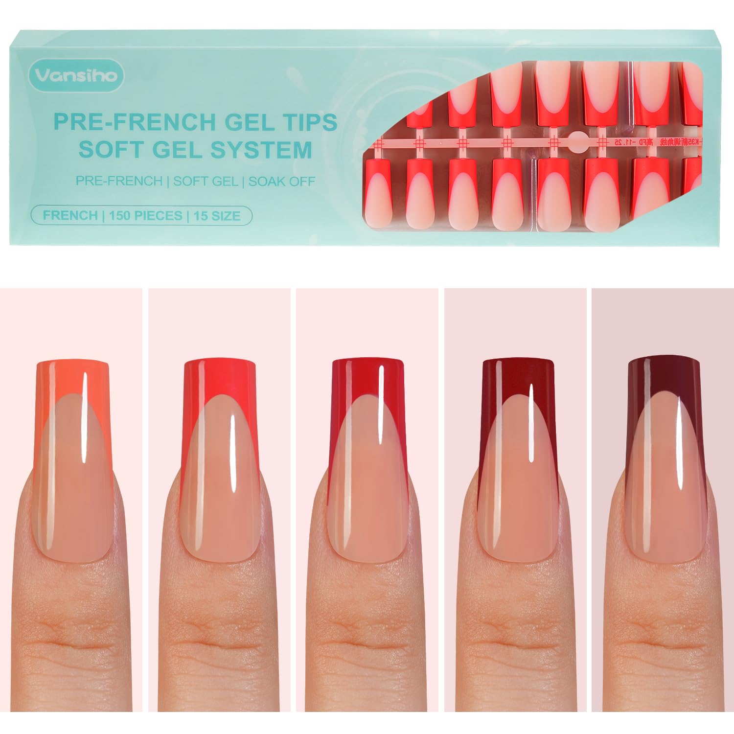 Photo 1 of 150Pcs French Gel Nail Tips, Vansiho Long Square Nail Tips, Red Pre-French Tips Press on Nails, Soak Off Soft Gel Acrylic Fake Nails for Nail Art DIY 15 Sizes