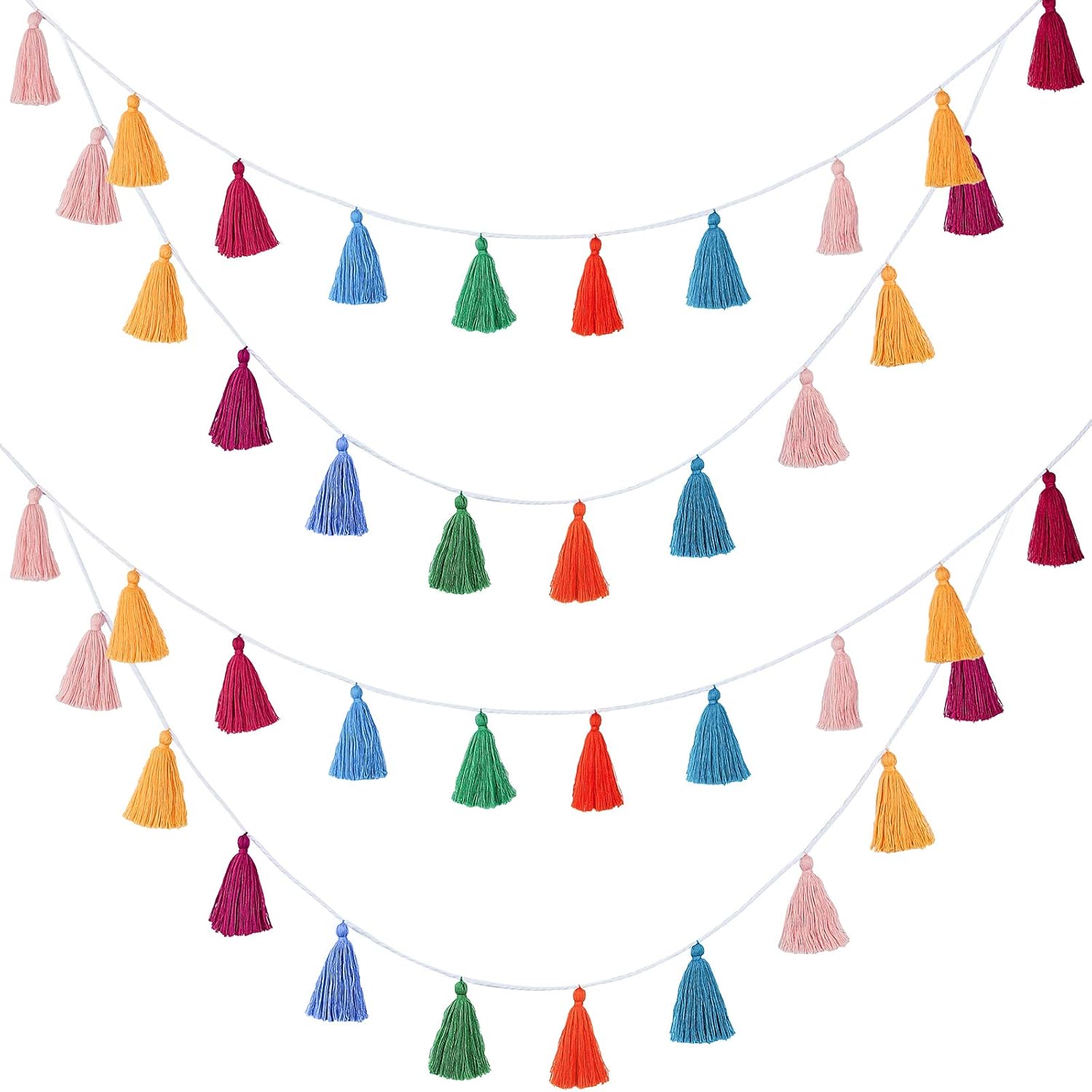 4 Pieces Tassel Garland Colorful Tassel Banner Decorative Wall Hanging for Home Decoration Wedding Birthday Baby Shower Party Supplies, Pre-Assembled(Tassel in 3.1 Inches)