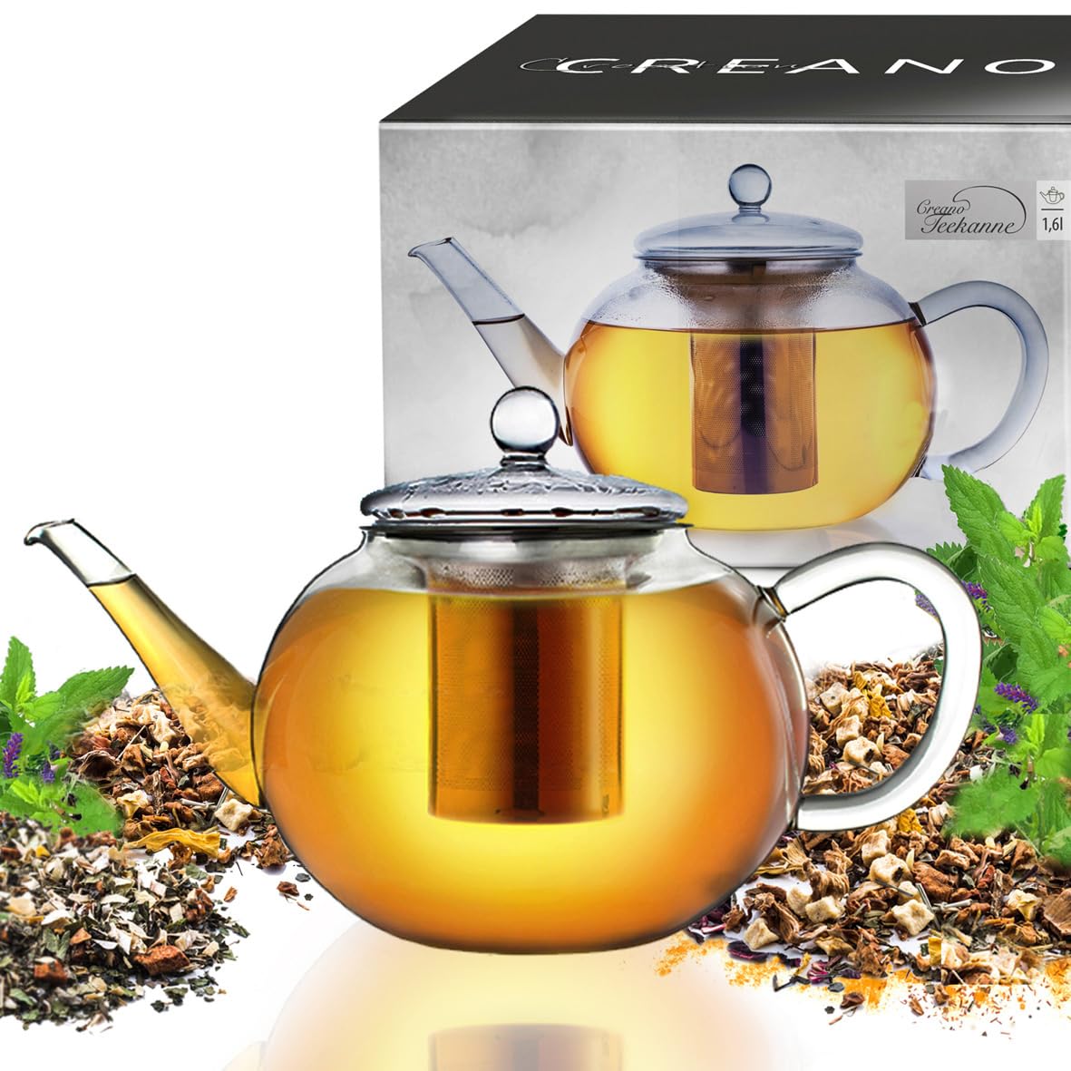 Creano Glass Teapot 1600ml - Stovetop Safe Tea Kettle with Stainless Steel Infuser and Glass Lid - Ideal for Preparing Loose Teas - Drip Free