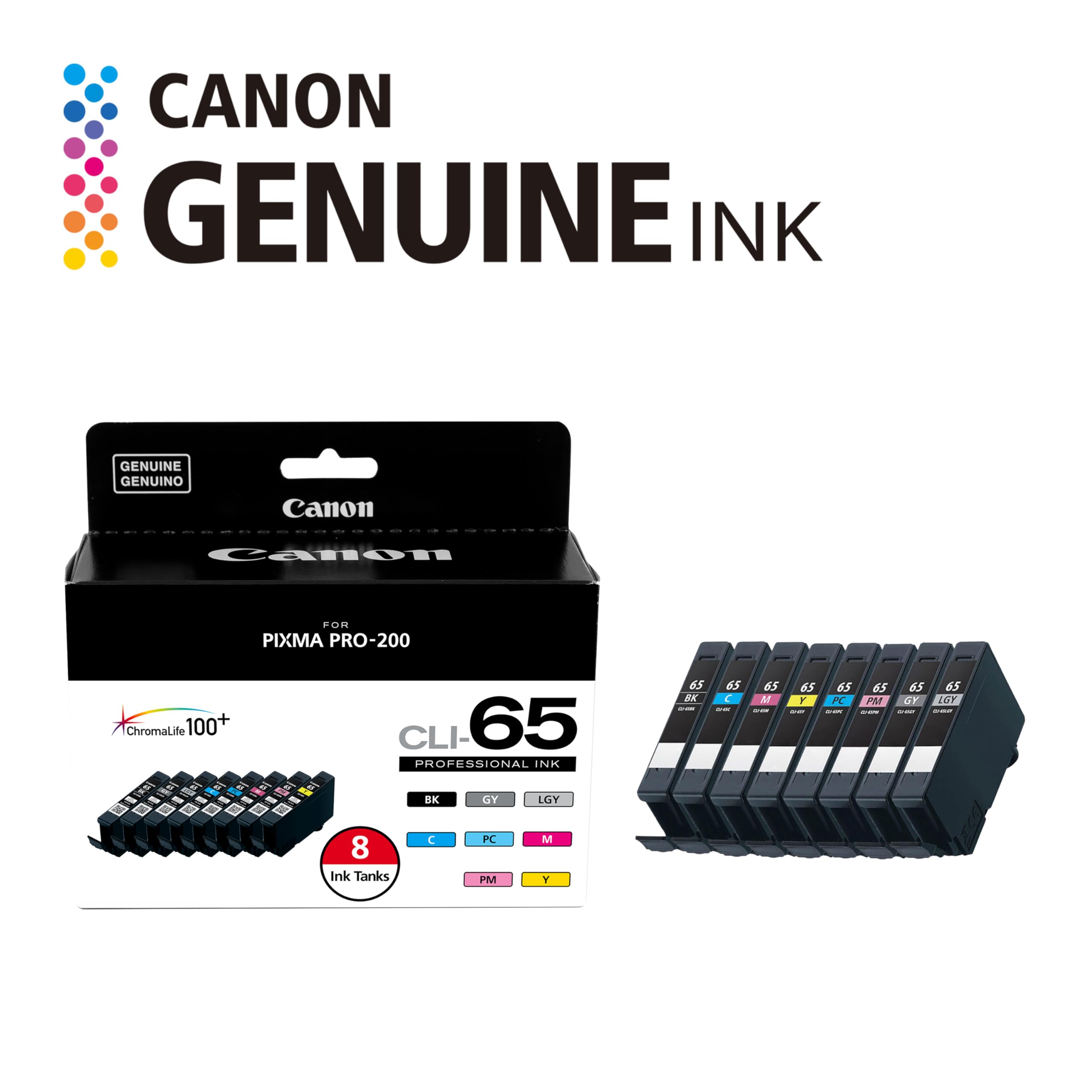 Canon CLI-65 Genuine Eight Color Pack, Compatible with PIXMA PRO-200, and PIXMA PRO-200S Printers